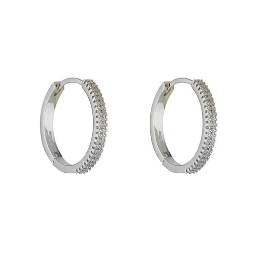 Savannah Rhodium Hoop Earrings by Knight & Day  Beautiful hoops (18mm) embellished with clear CZ stones in micro pave setting. Rhodium plating.