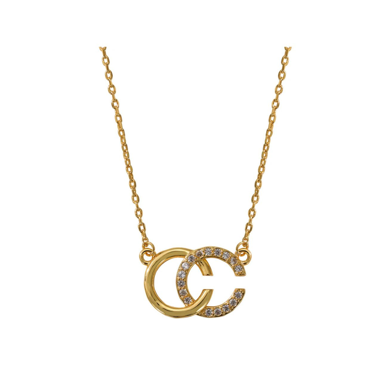 CC design pendant embellished with CZ stones. Length 16" + 2" extension. 18k gold plated.