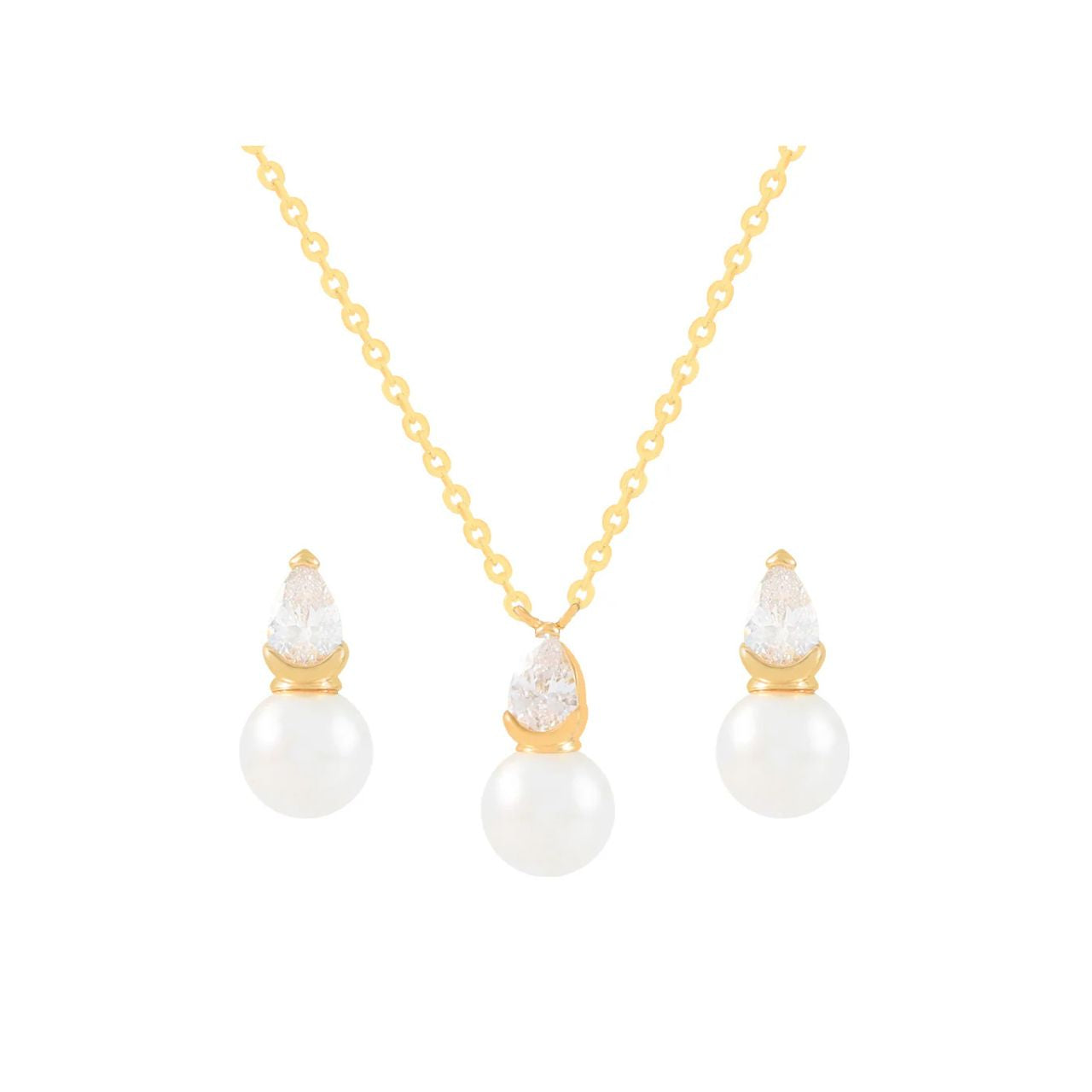 Beautiful shell pearl pendant &amp; earring set embellished with CZ stones. Length 16" + 2" extension.