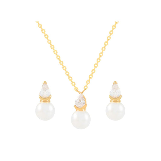 Beautiful shell pearl pendant &amp; earring set embellished with CZ stones. Length 16" + 2" extension.