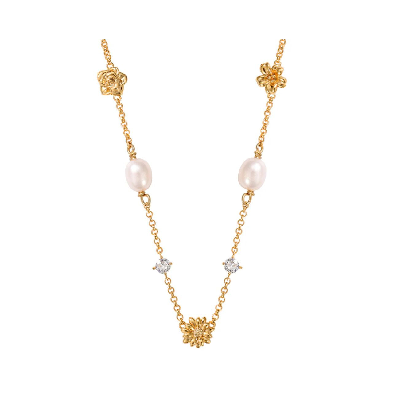 Pretty & delicate - this necklace is embellished with freshwater pearls, CZ stones & tiny floral charms. 18k gold plated. Length 42 + 5cm extension.