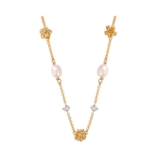 Pretty & delicate - this necklace is embellished with freshwater pearls, CZ stones & tiny floral charms. 18k gold plated. Length 42 + 5cm extension.