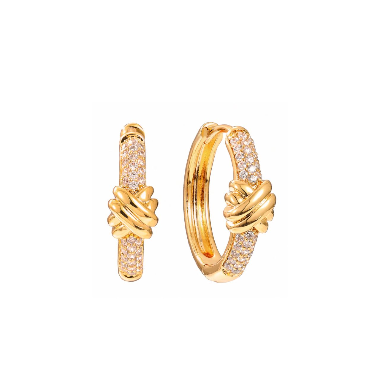 Beautiful crystal encrusted hoops embellished with criss cross gold pattern. Post & clip fastening. 18k gold plated.