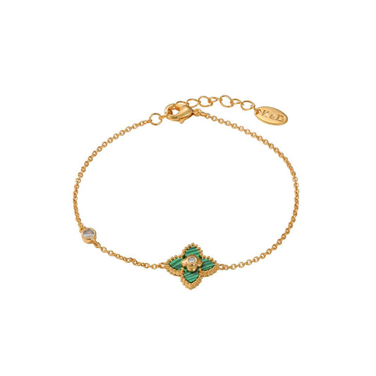 Delicate & pretty bracelet embellished with malachite style &amp; crystal charms. Lobster claw fastening. 18k gold plated.