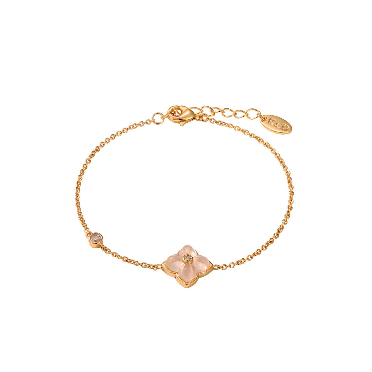 Delicate & pretty bracelet embellished with Mother of Pearl &amp; Crystal Charms. Lobster claw fastening. 18k gold plated.