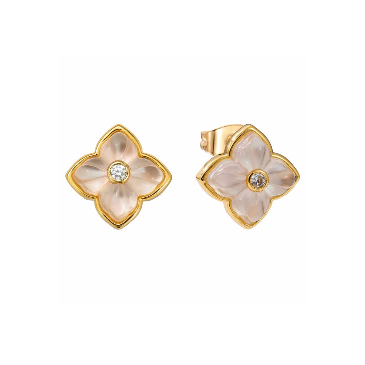 Pretty Mother of Pearl floral studs embellished with crystal. Post fastening. 18k gold plated.