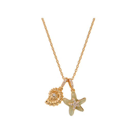 Pretty & delicate, this pendant combines starfish & shell charms embellished with green aventurine & crystal. Length 40 + 5cm extension. 18k gold plated.