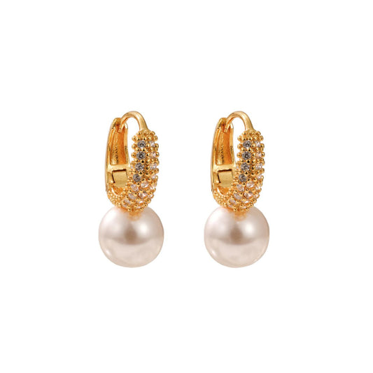 Small crystal encrusted hoops with beautiful glass pearl drops. 18k gold plating.