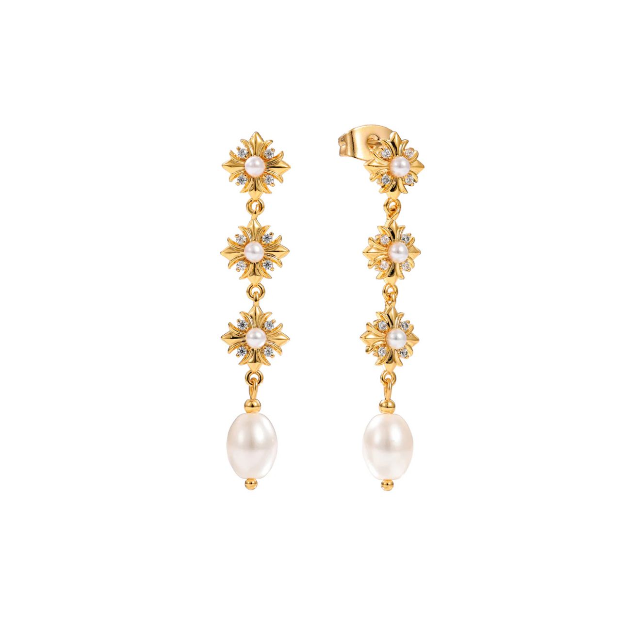 Pretty & delicate drop earrings embellished with glass pearls & CZ stones. Post fastening. 18k gold plated.