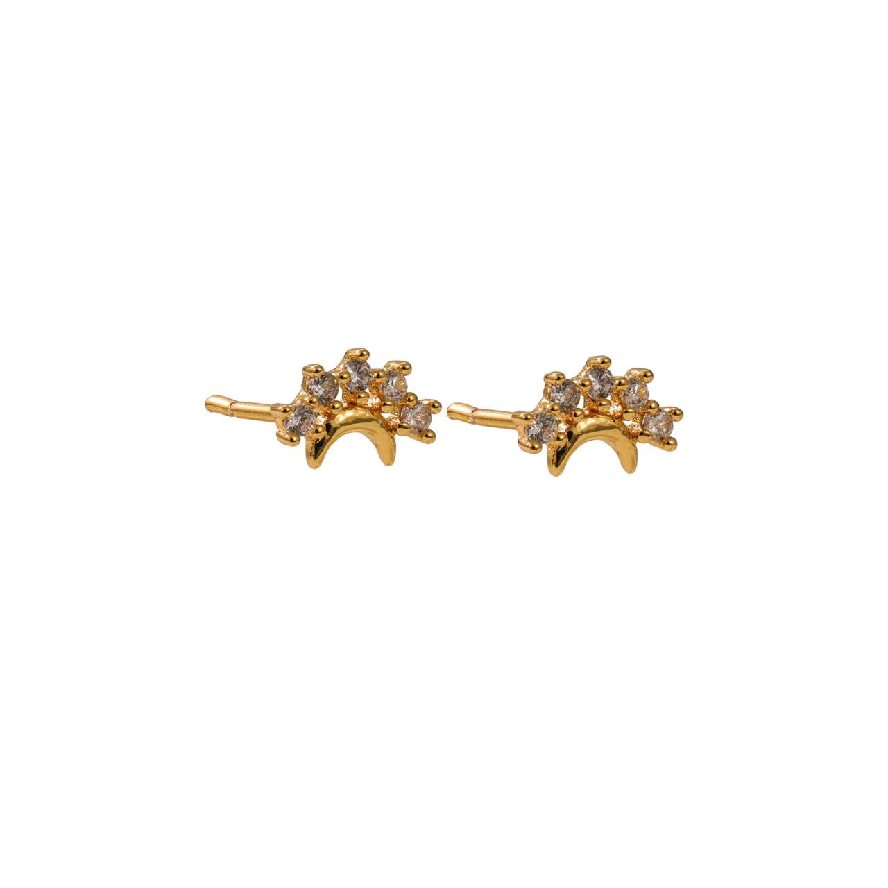Tiny moon shape embellished with surrounding crystals. Post fastening. 18k gold plating.