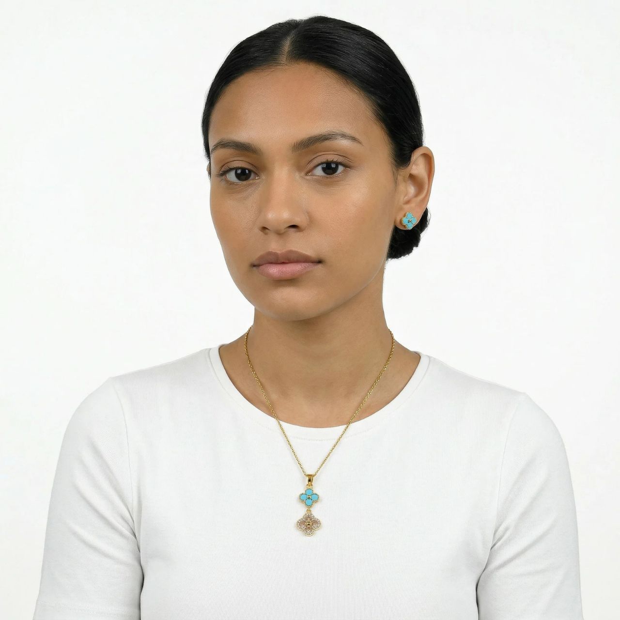 Pretty turquoise & crystal clover drops on fine chain.