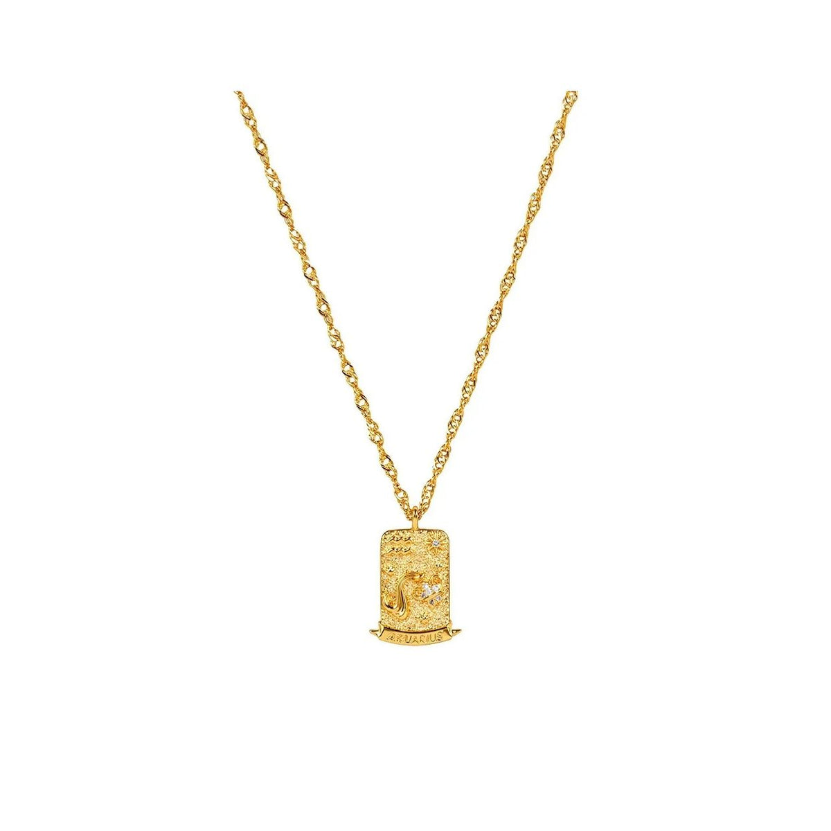 Aquarius Zodiac Pendant – 18K Gold Plated. Celebrate the bold and free-spirited nature of Aquarius, born between January 20th and February 18th, with this elegant zodiac pendant. Featuring the iconic Water Bearer symbol, this pendant represents Aquarius’s innovative, fun-loving, positive and passionate personality.
