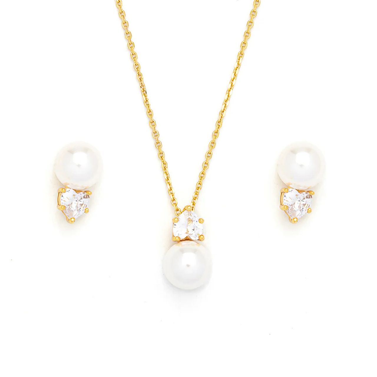 Beautiful faux pearl with heart shaped CZ stone in matching earring & necklace set. 18K gold plating. Length 16" + 2" extension.