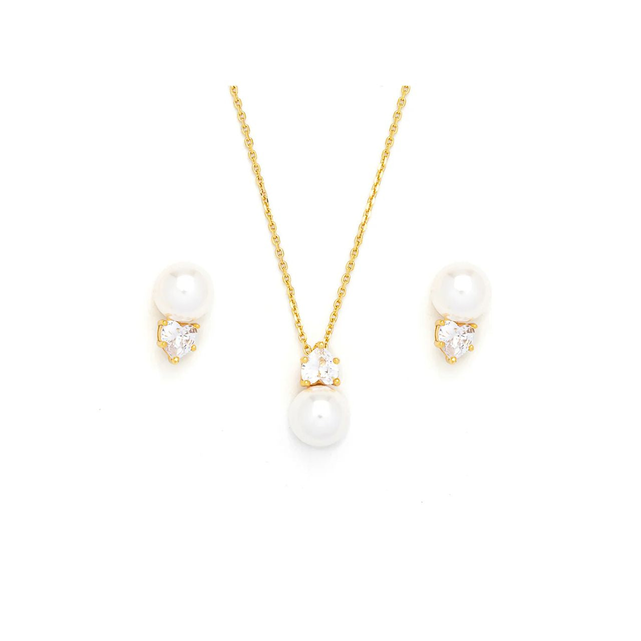 Beautiful faux pearl with heart shaped CZ stone in matching earring & necklace set. 18K gold plating. Length 16" + 2" extension.