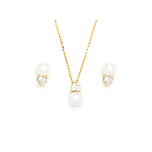 Beautiful faux pearl with heart shaped CZ stone in matching earring & necklace set. 18K gold plating. Length 16" + 2" extension.
