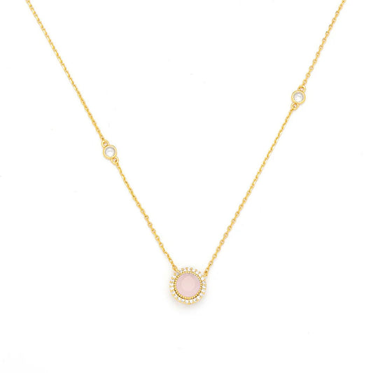 Miniature rose water opal stone embellished with tiny CZ stones. 18K gold plating. Length 16" + 2" extension.