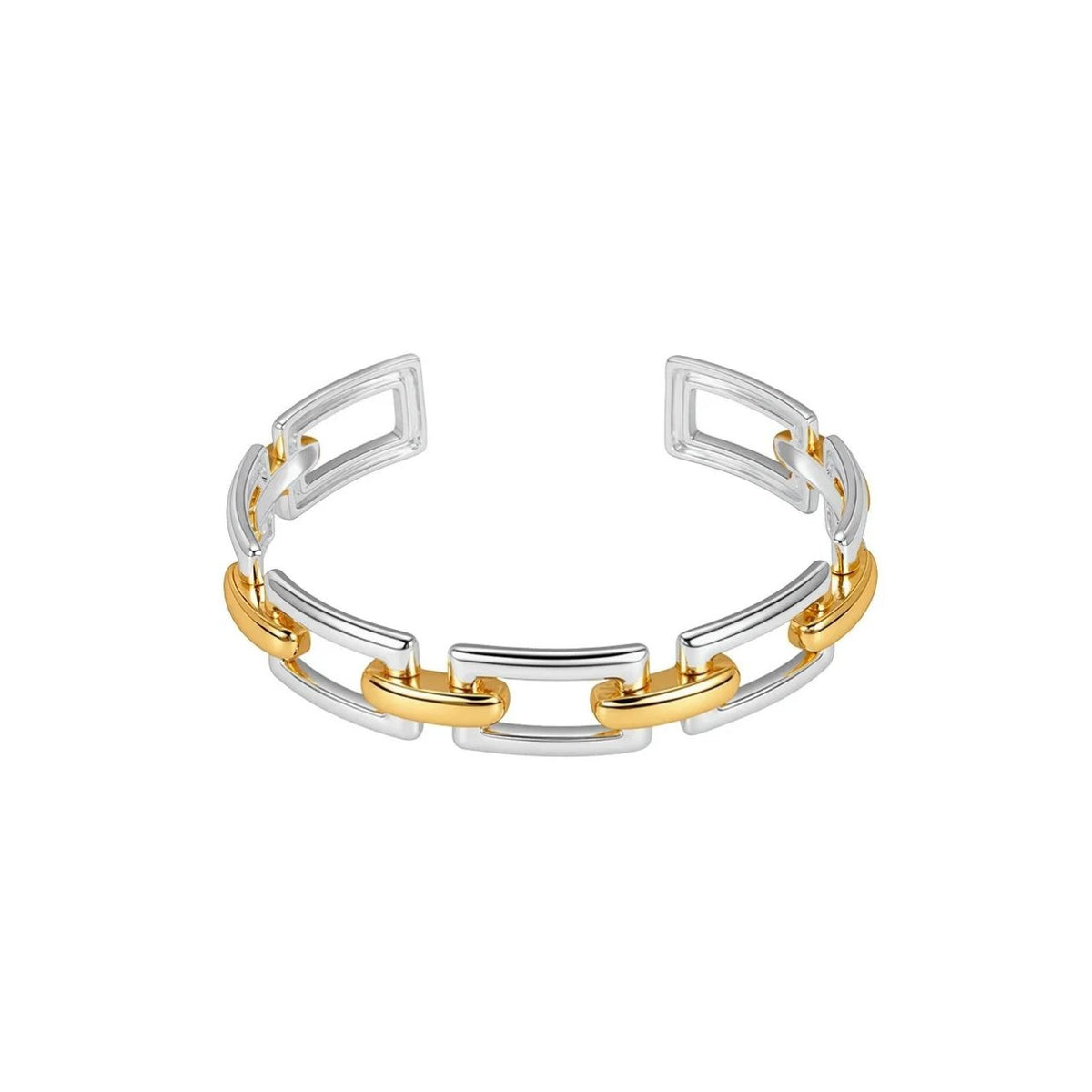 Beautiful bangle with silver plated rectangular elements and gold plated links embracing the trend for mixed tones.