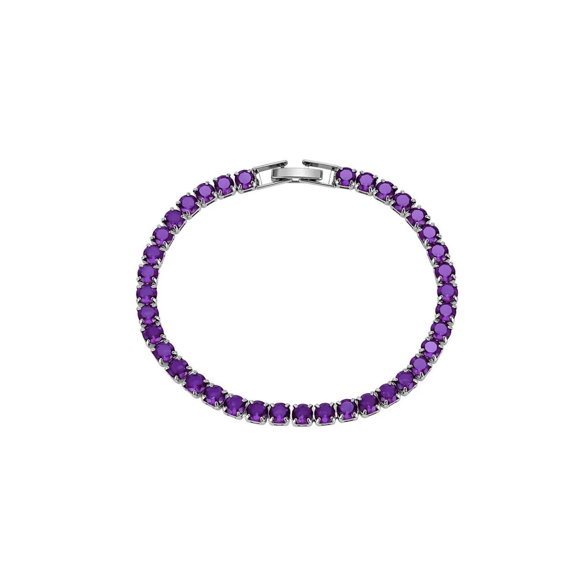 Knight & Day Amethyst Tennis Bracelet features stunning 4mm Amethyst CZ stones set in rhodium-plated silver. The medium-sized design showcases brilliant purple gemstones with a secure fold-over clasp for everyday wear or special occasions. An elegant addition to any jewelry collection.