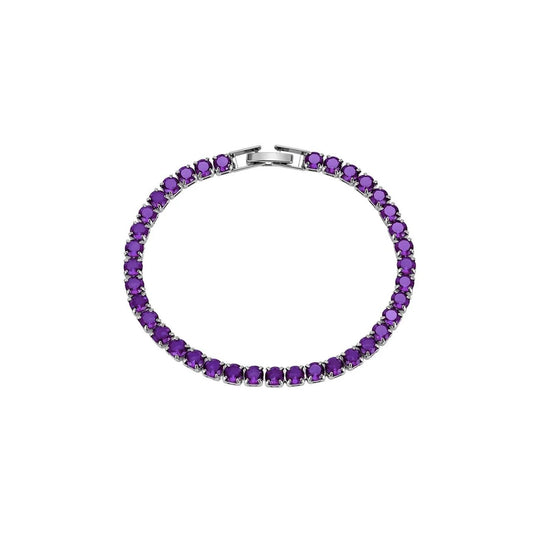 Knight & Day Amethyst Tennis Bracelet features stunning 4mm Amethyst CZ stones set in rhodium-plated silver. The medium-sized design showcases brilliant purple gemstones with a secure fold-over clasp for everyday wear or special occasions. An elegant addition to any jewelry collection.