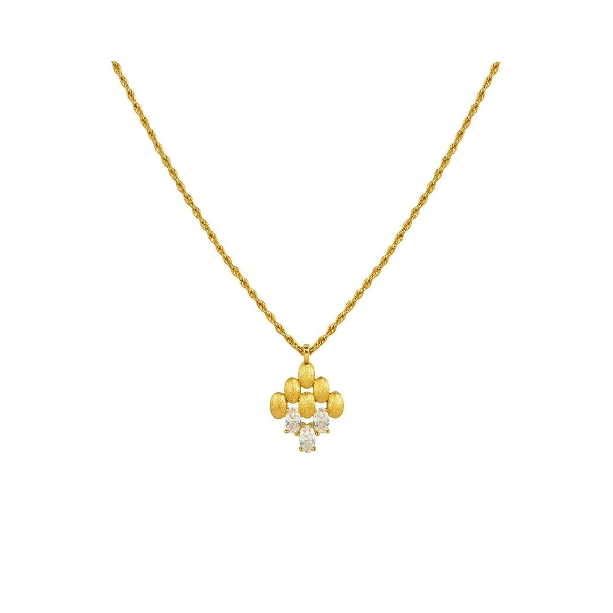 Delicate and refined, the Aubrey Necklace features a fine trellis-style design for an effortlessly elegant finish. Crafted with 18 carat brushed gold plating, it's subtle texture adds warmth and sophistication while maintaining a beautifully understated look.
