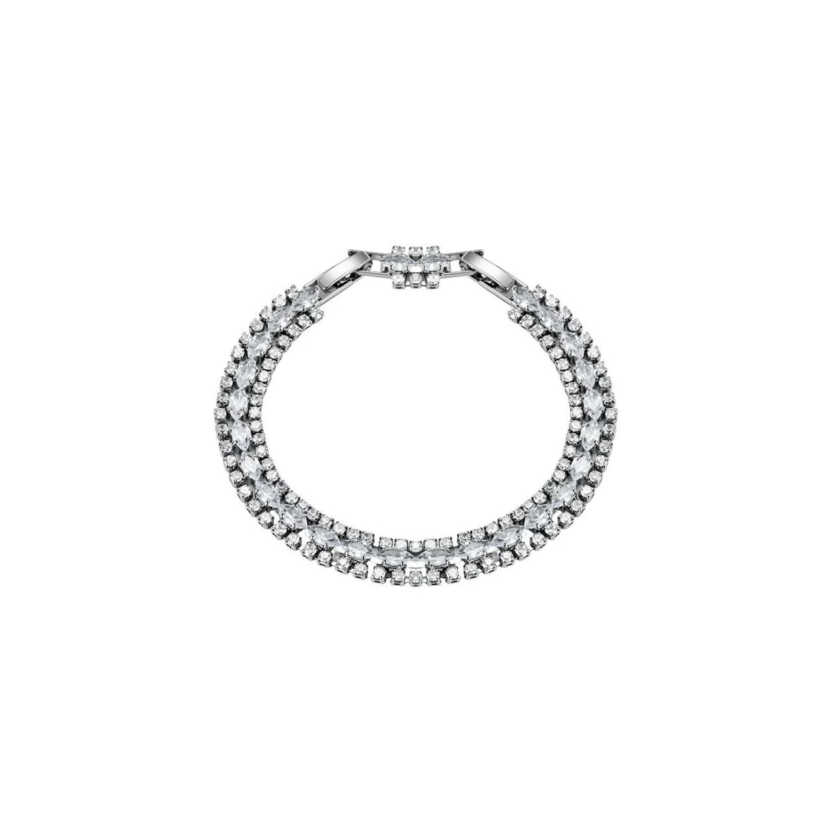 Sparkling rhodium plated bracelet richly encrusted with CZ stones in elegant pattern. Fold over clip fastening. Length 18cm with optional 2cm extension.