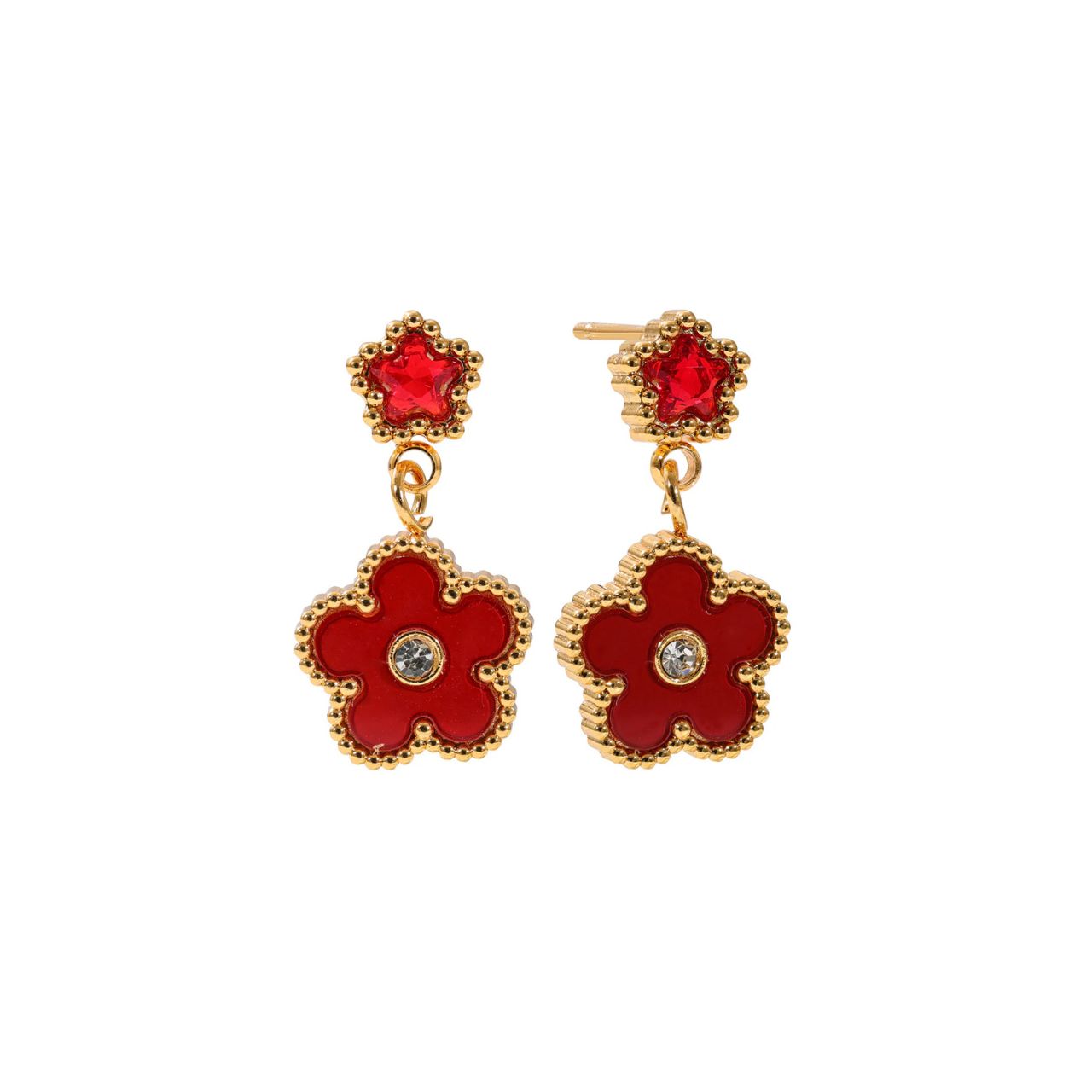 Burgundy & crystal clover earrings with post fastening.