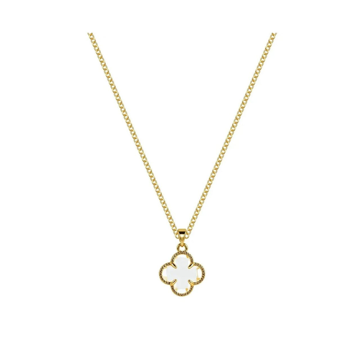 A timeless piece of elegance, this Knight & Day pendant features a sparkling clear crystal carved into a delicate clover shape, suspended in a warm gold-plated setting. The adjustable 40cm chain extends to 45cm, offering a perfect fit for any occasion. Ideal for layering or wearing solo, this versatile pendant brings a touch of sophistication to everyday style.