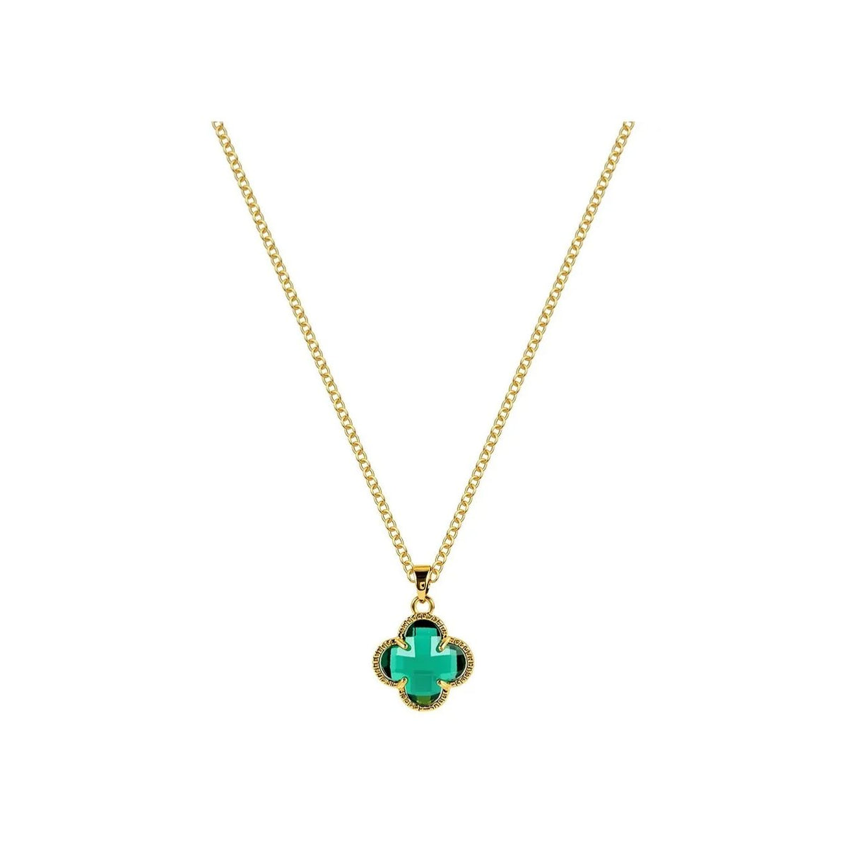 Elegant four-leaf clover pendant crafted from vibrant emerald crystal and set in gleaming gold plating.