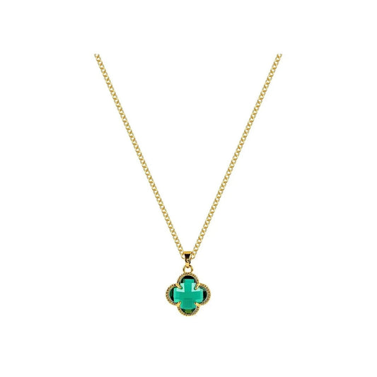 Elegant four-leaf clover pendant crafted from vibrant emerald crystal and set in gleaming gold plating.