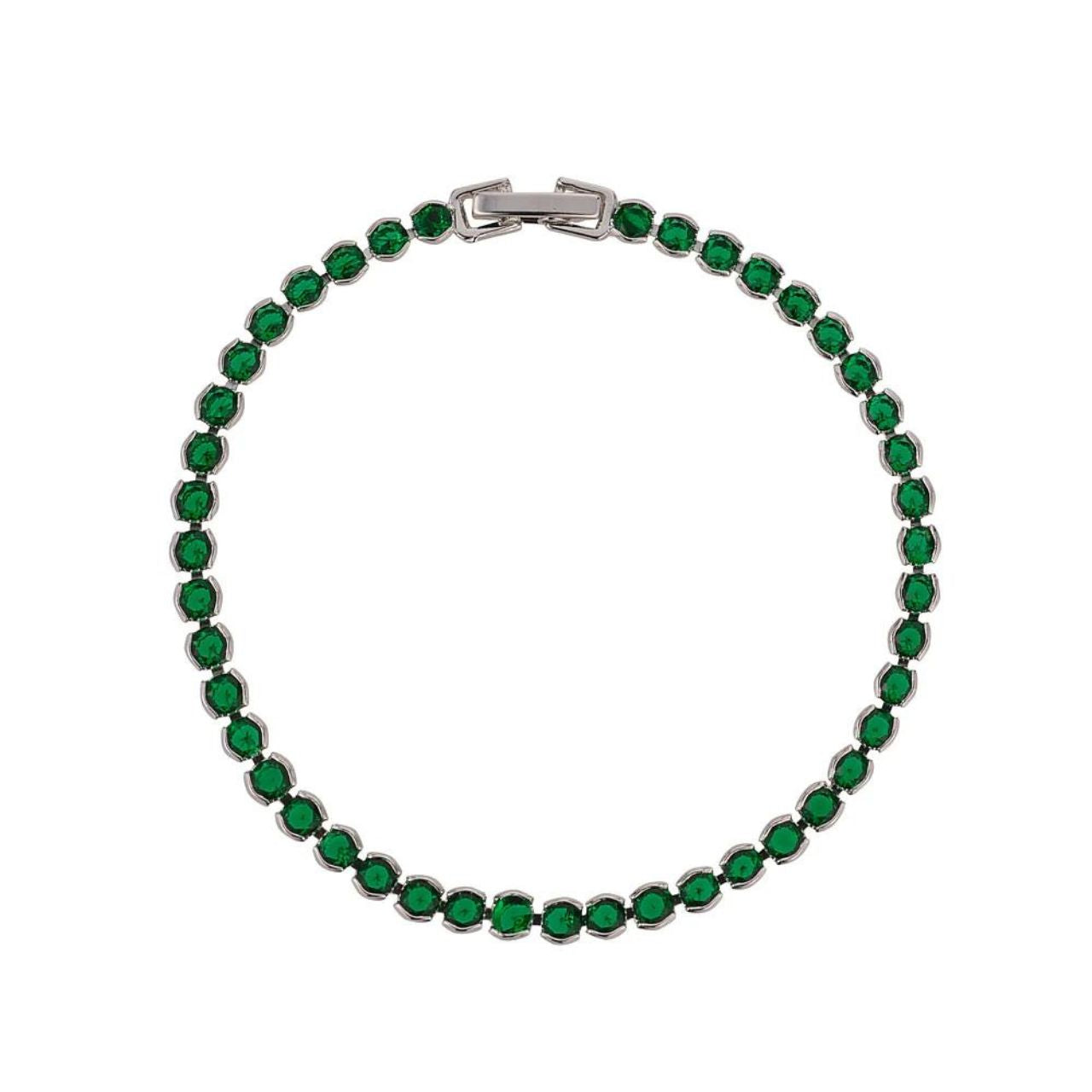 Dakota Emerald Tennis Bracelet by Knight & Day  Miniature rhodium plated tennis bracelet with Emerald CZ stones. Elegant when worn alone and also ideal for layering with watch or other bracelets. Fold over clip fastening.