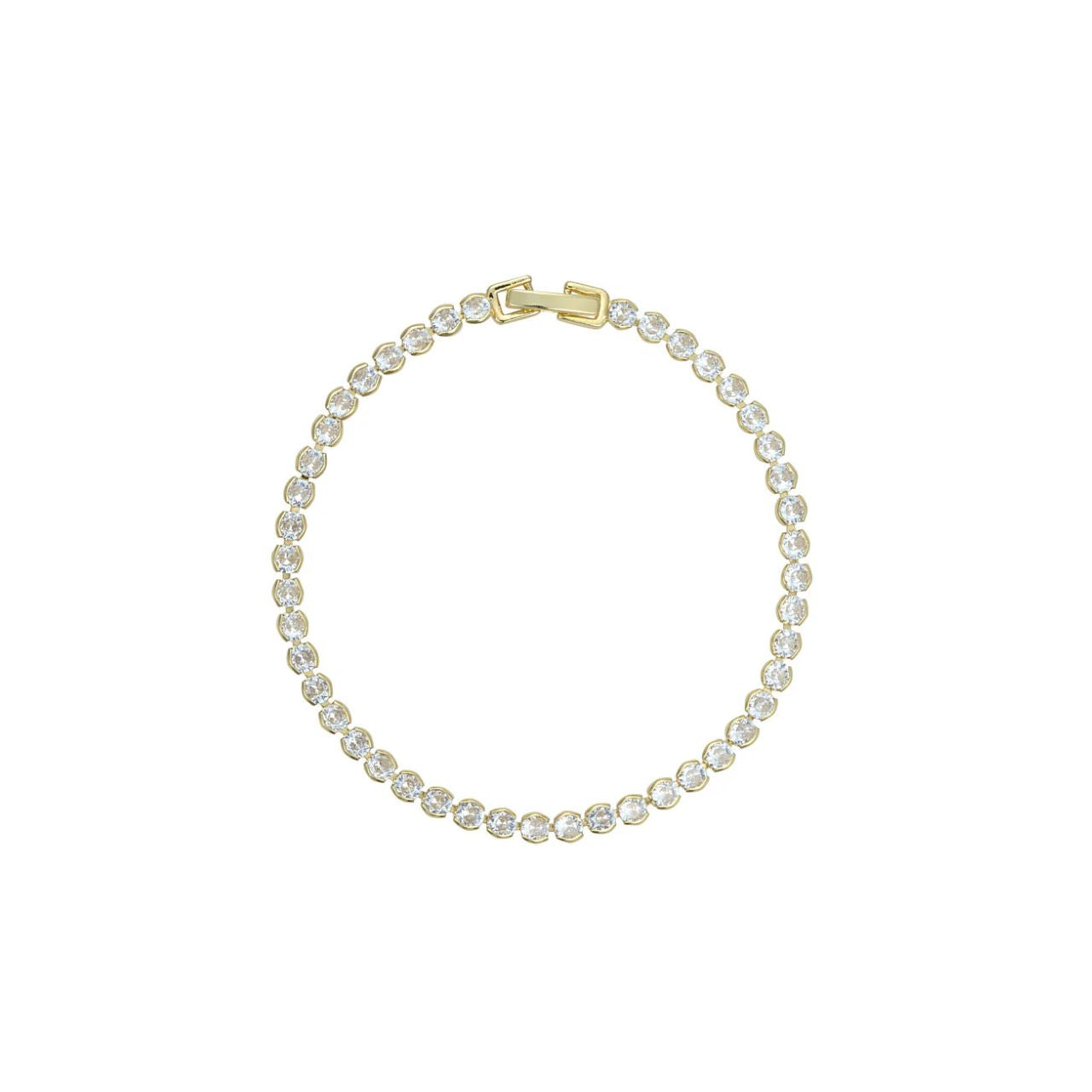 Miniature gold plated tennis bracelet. Elegant when worn alone and also ideal for layering with watch or other bracelets. Fold over clip fastening.