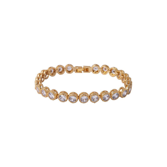 Beautiful gold plated tennis bracelet with CZ stones. Fold over clasp fastening.