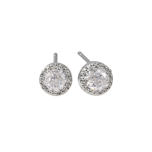 Beautiful solitaire earrings with CZ stone & rhodium plating. Post fastening.