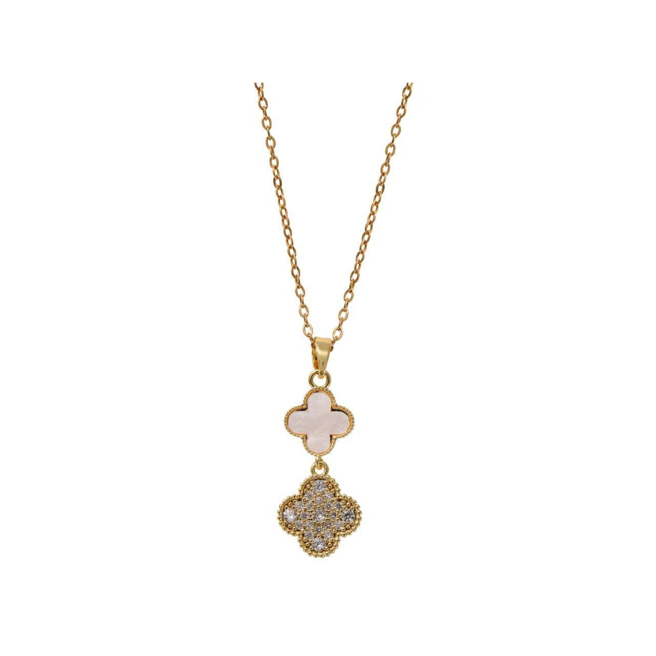 Delicate white and crystal clover pendant suspended on a fine chain. The charming four-leaf design catches the light beautifully, making it perfect for everyday wear or special occasions.