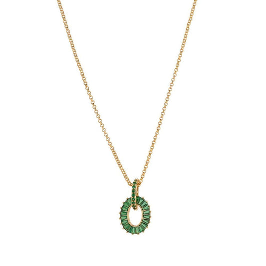 Emerald Baguette Pendant by Knight & Day  Elevate your evening look with the Knight & Day Emerald Baguette Pendant. This eye-catching design features a brilliant emerald-cut baguette that is sure to make a statement. Perfect for adding a touch of glamour to your everyday wardrobe.