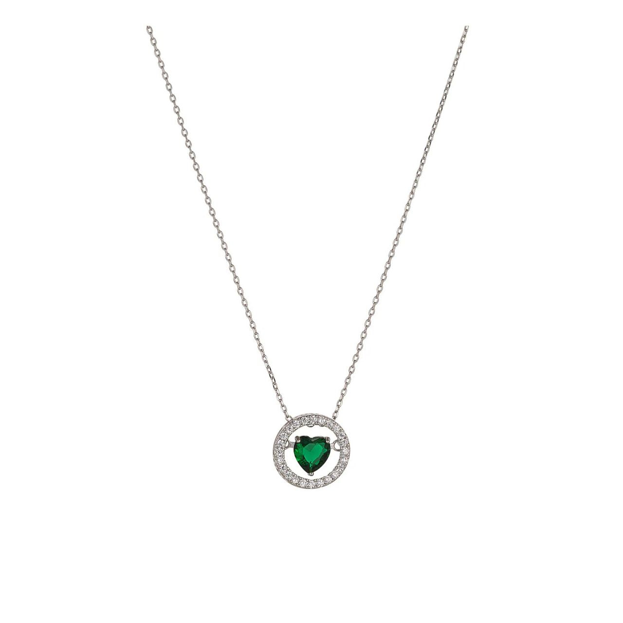 Beautiful emerald heart suspended on axis within crystal encrusted ring.