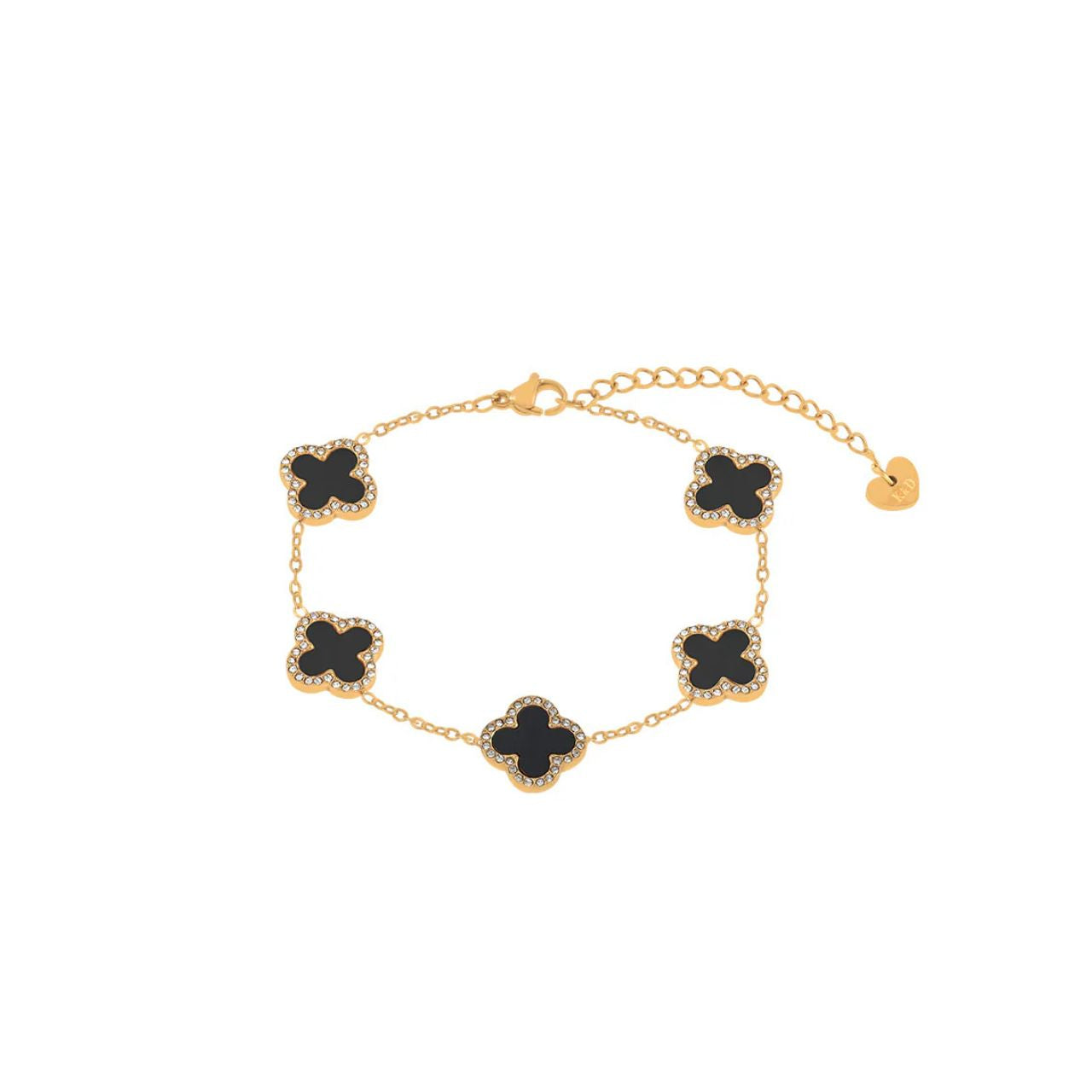 Five clover elements with black resin & crystal on fine gold plated chain. Lobster claw fastening.