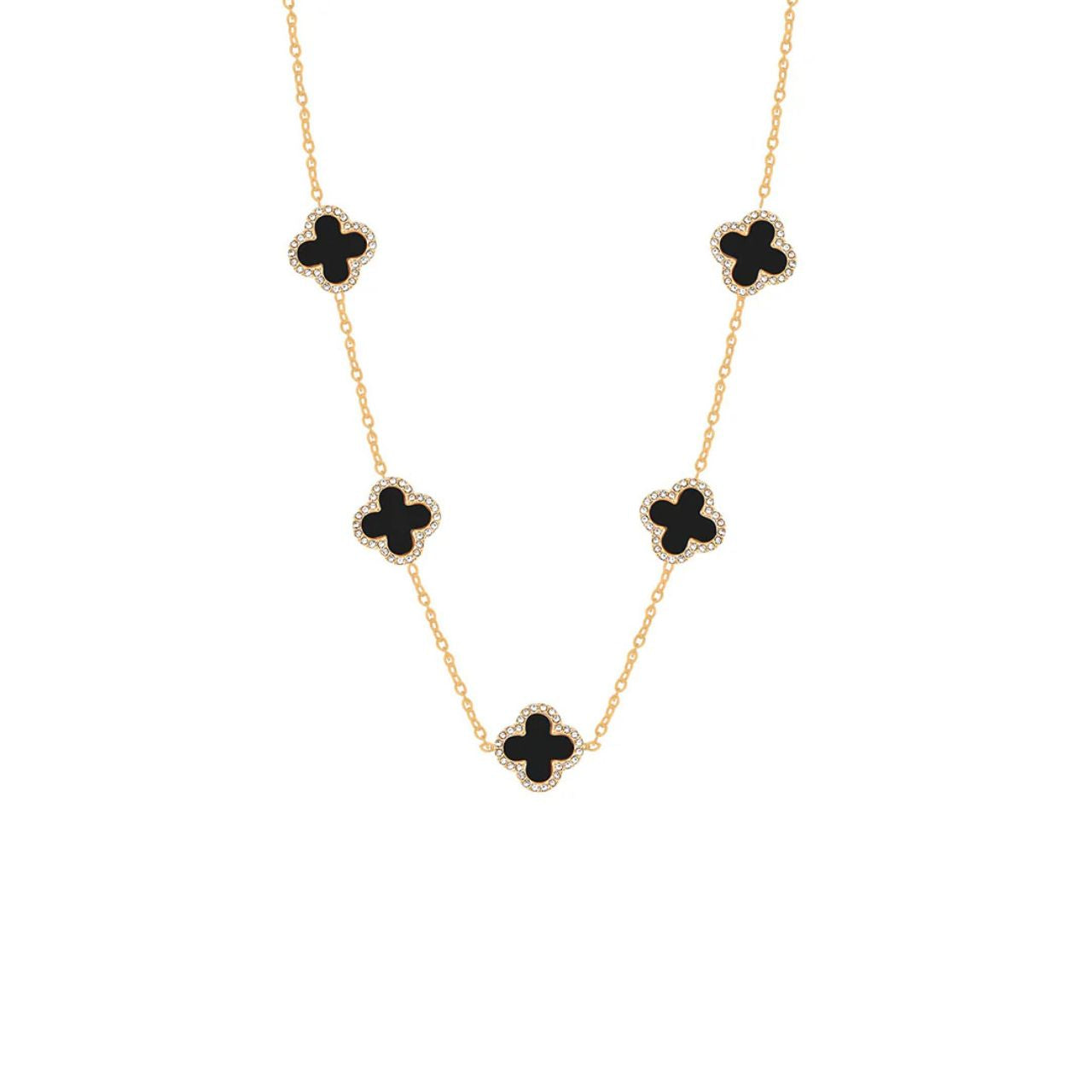 Five clover elements with black resin & crystal on fine gold plated chain. Lobster claw fastening.