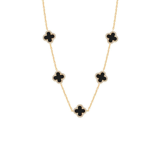 Five clover elements with black resin & crystal on fine gold plated chain. Lobster claw fastening.