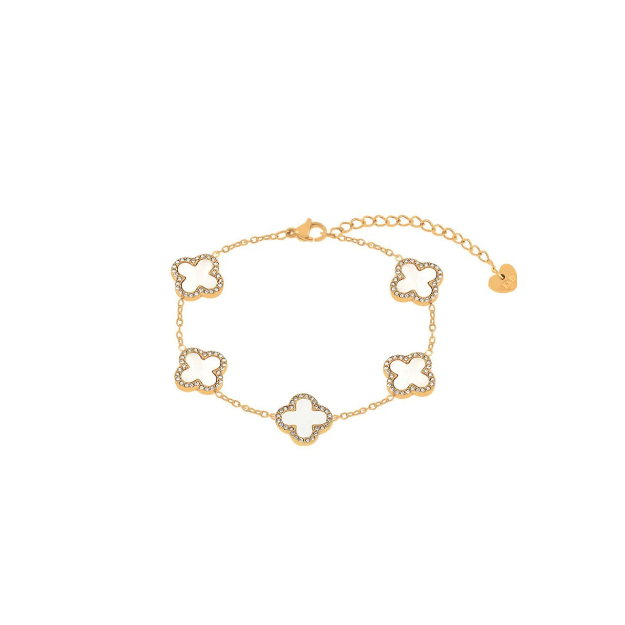 Five clover elements with shell pearl & crystal on fine gold plated chain. Lobster claw fastening.