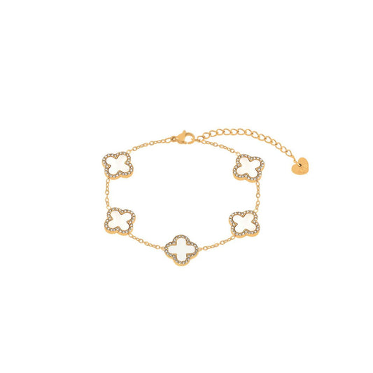 Five clover elements with shell pearl & crystal on fine gold plated chain. Lobster claw fastening.