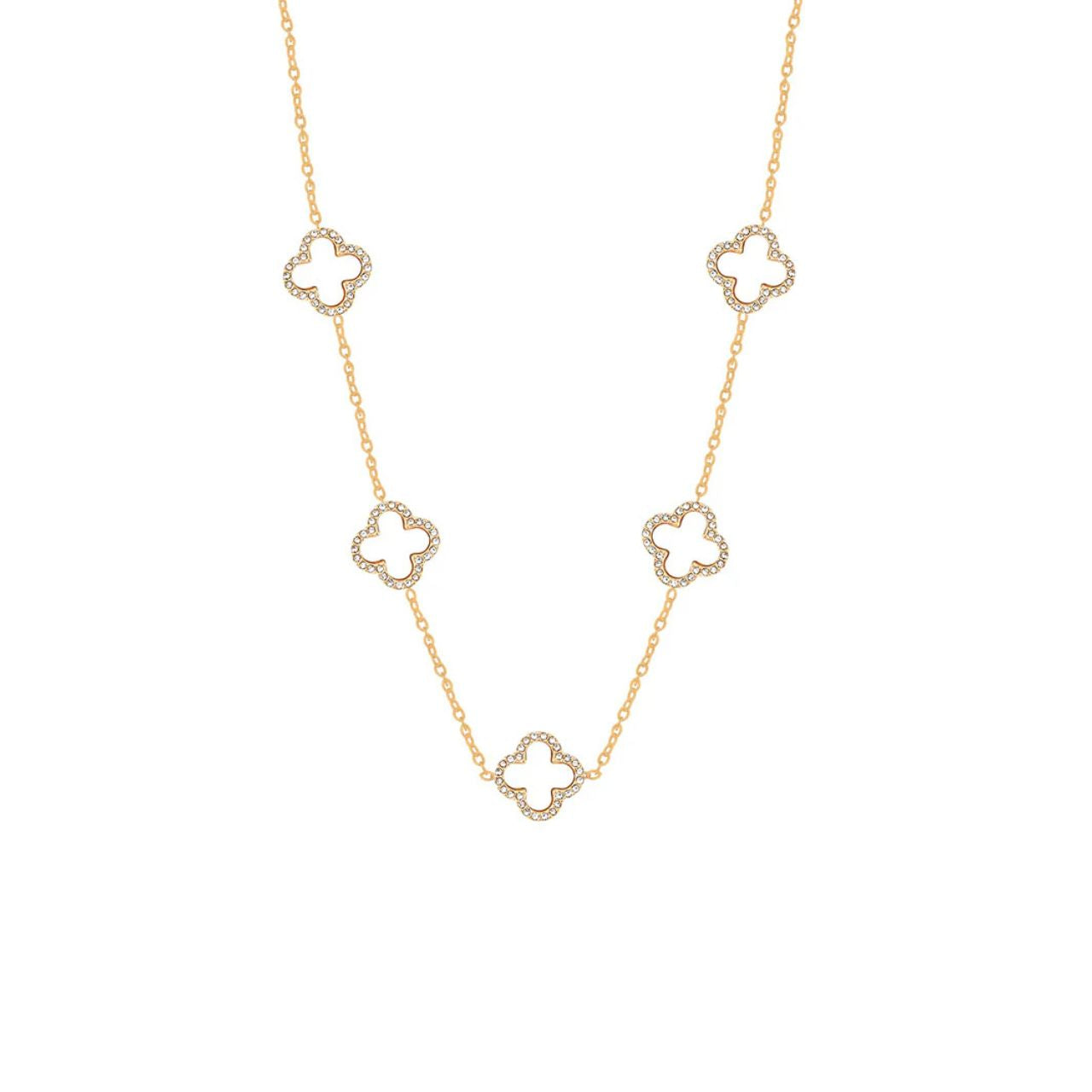 Fiver clover elements with shell pearl & crystal on fine gold plated chain. Lobster claw fastening.