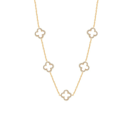 Fiver clover elements with shell pearl & crystal on fine gold plated chain. Lobster claw fastening.