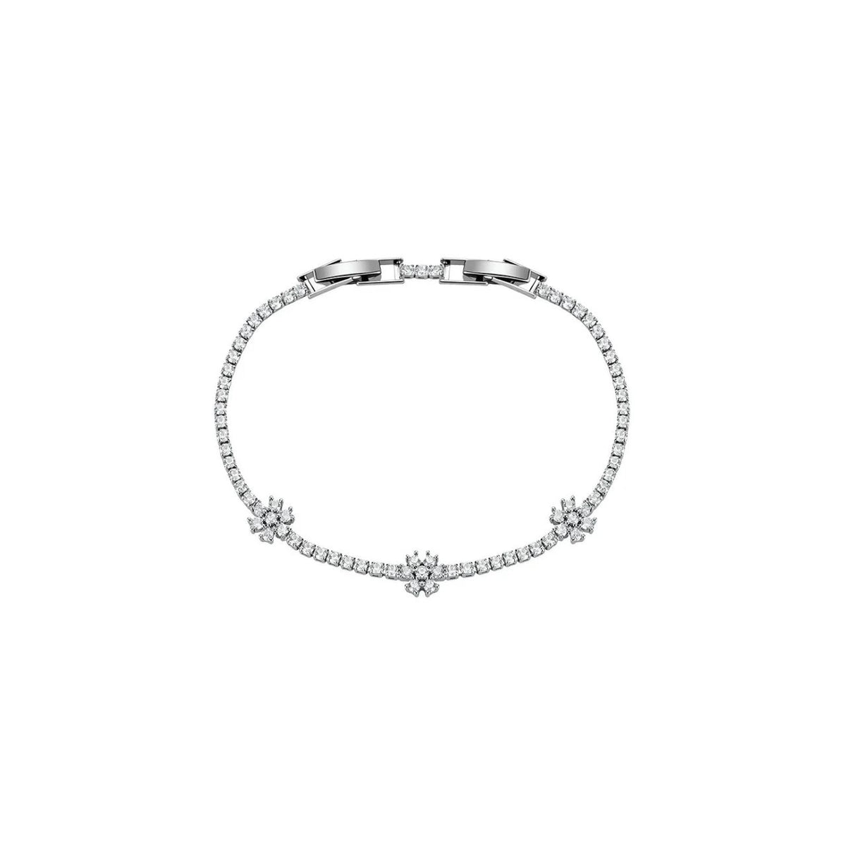 Delicate and pretty tennis bracelet with tiny CZ stones embellished with 3 beautiful floral shapes. Rhodium plating. Length 18cm with optional 2cm extension. Fold over clip fastening.