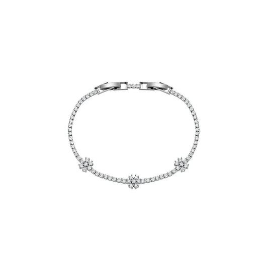 Delicate and pretty tennis bracelet with tiny CZ stones embellished with 3 beautiful floral shapes. Rhodium plating. Length 18cm with optional 2cm extension. Fold over clip fastening.