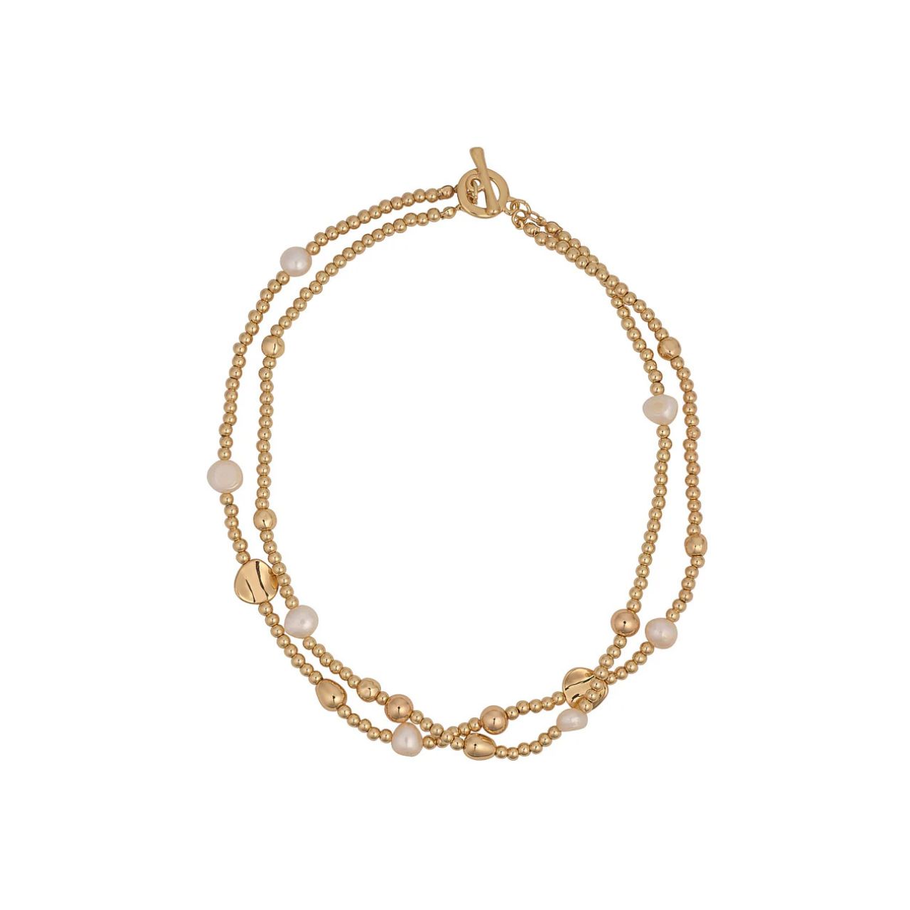 Beautiful double layer necklace with freshwater pearls &amp; gold plated beads. Lengths 42 + 44.5cm. Ring & toggle fastening.