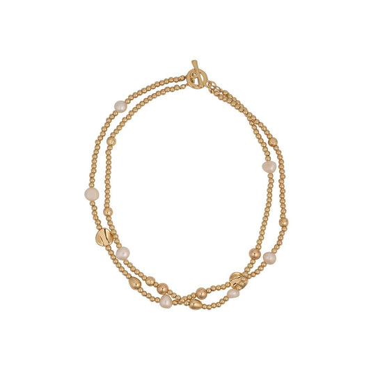 Beautiful double layer necklace with freshwater pearls &amp; gold plated beads. Lengths 42 + 44.5cm. Ring & toggle fastening.