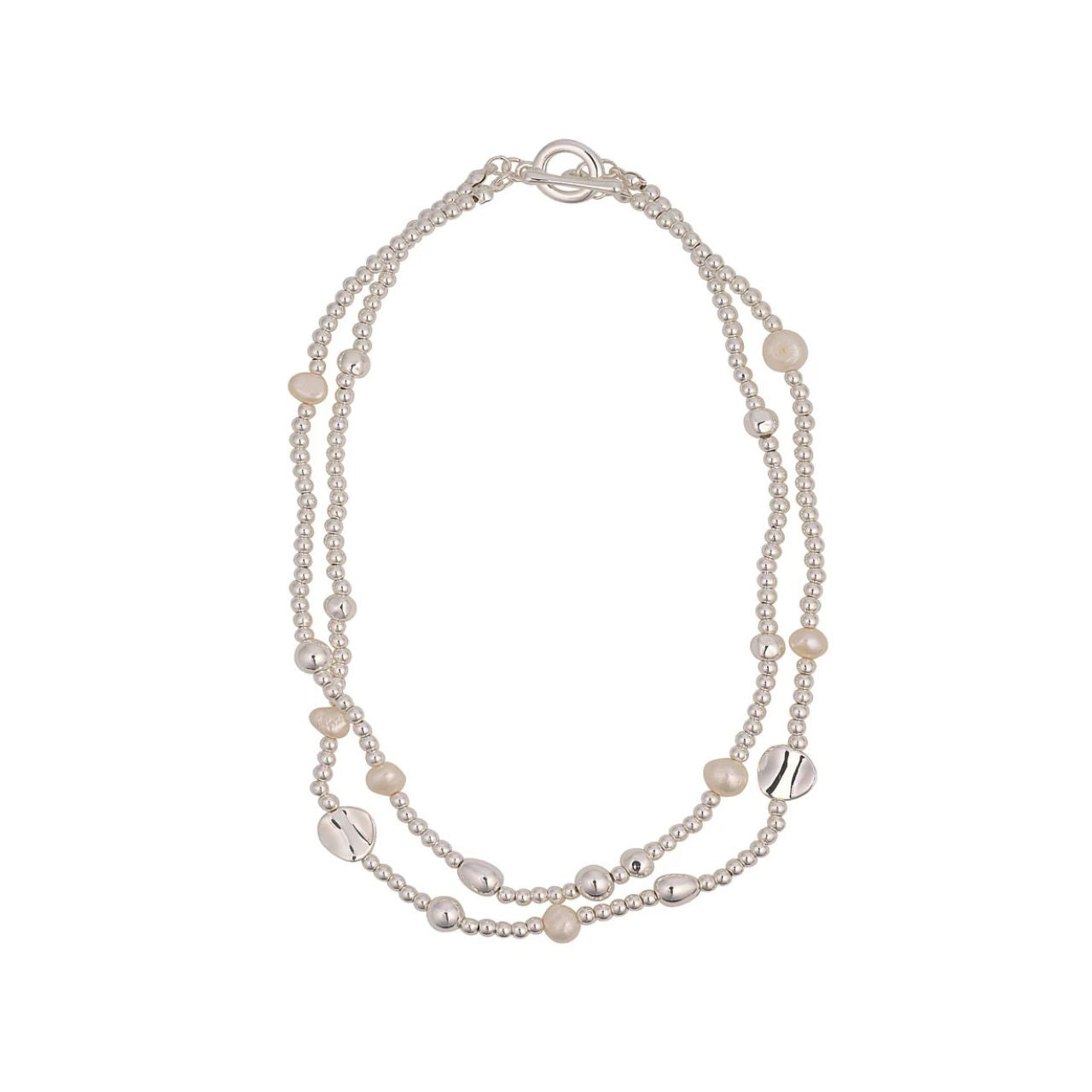 Beautiful double layer necklace with freshwater pearls &amp; silver plated beads. Lengths 42 + 44.5cm. Ring & toggle fastening.
