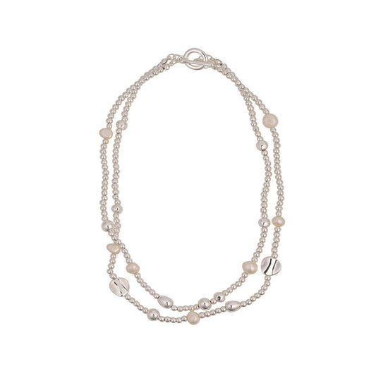 Beautiful double layer necklace with freshwater pearls &amp; silver plated beads. Lengths 42 + 44.5cm. Ring & toggle fastening.