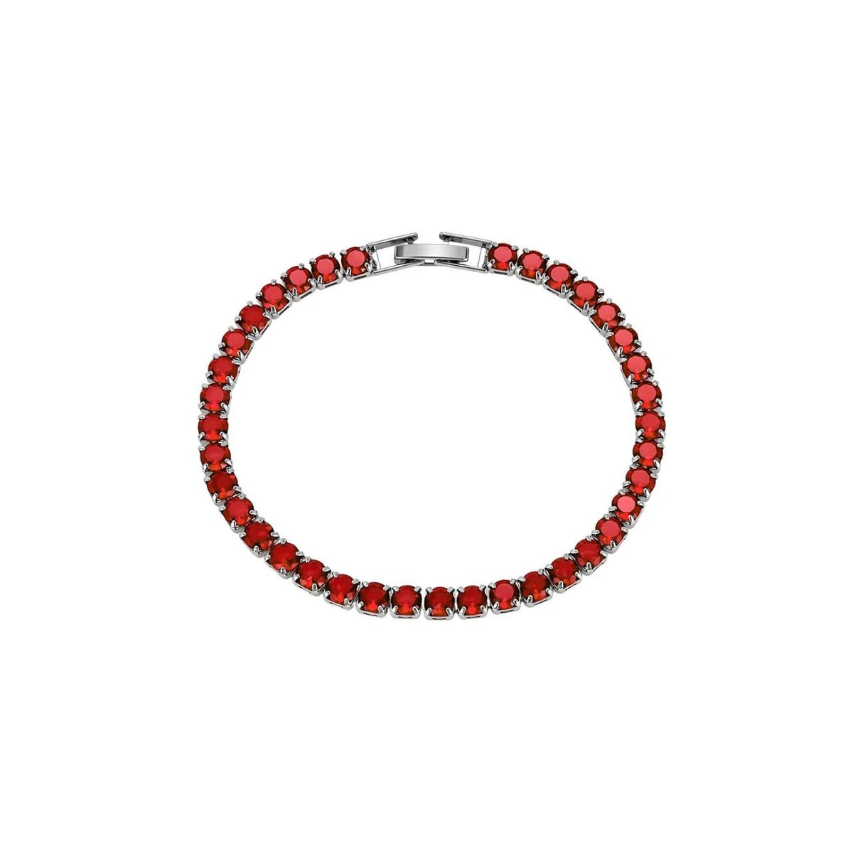 Beautiful tennis bracelet featuring 4mm garnet cubic zirconia stones set in rhodium-plated silver. The secure fold-over clasp ensures your bracelet stays fastened throughout the day, making it perfect for both everyday wear and special occasions. Classic design with timeless appeal.